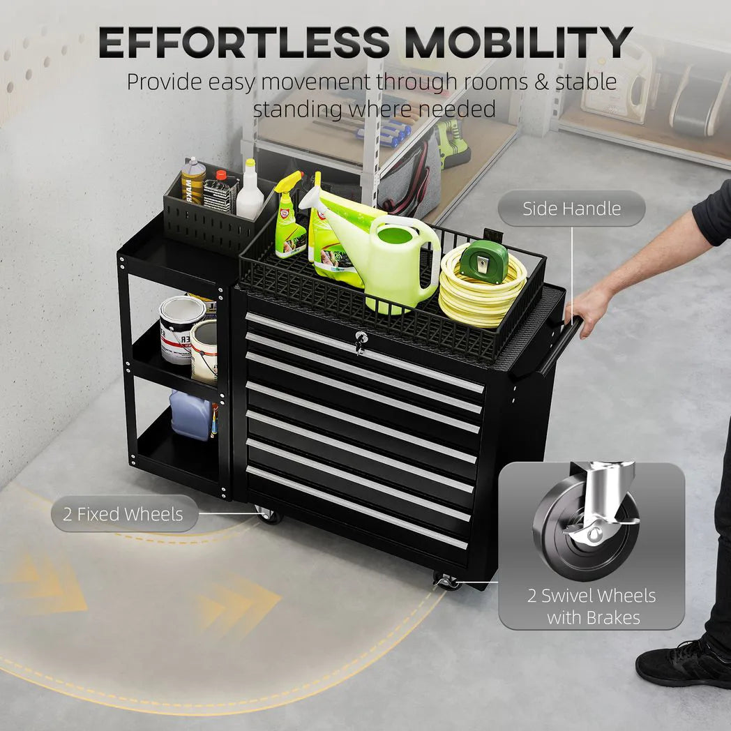 HOMCOM Lockable Steel Tool Chest on Wheels with 7 Drawers and Detachable Shelf – Rolling Workshop Storage, Black
