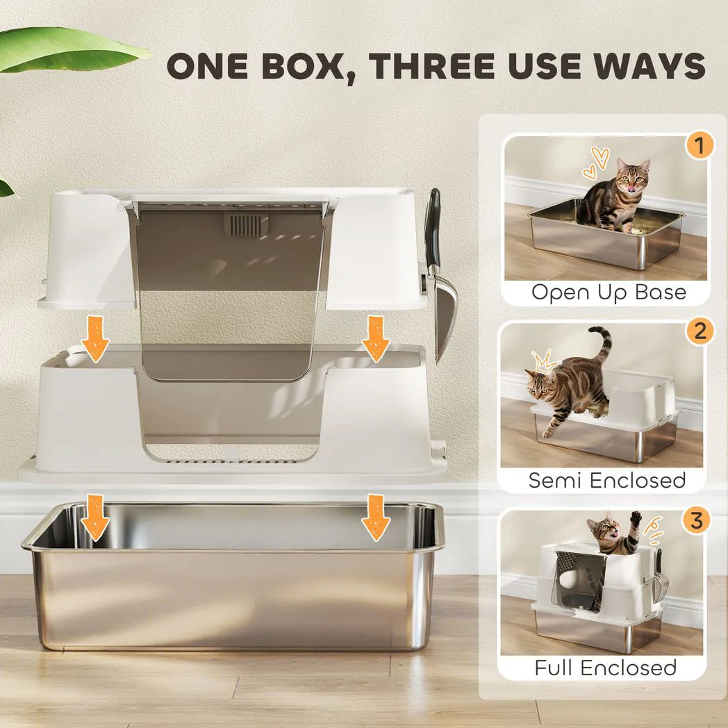 PawHut XL Stainless Steel Litter Box with 100° Flip Top, Scoop & Dual Entry – Odour-Free, Easy-Clean