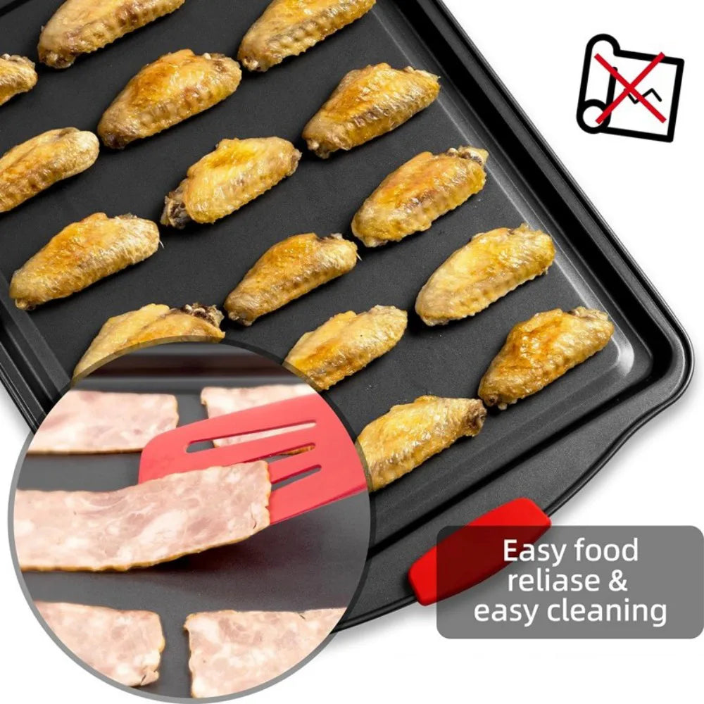 5 Piece Non-Stick Carbon Steel Baking Tray Set with Silicone Handles, Spatula and Brush – Oven Roasting Pans