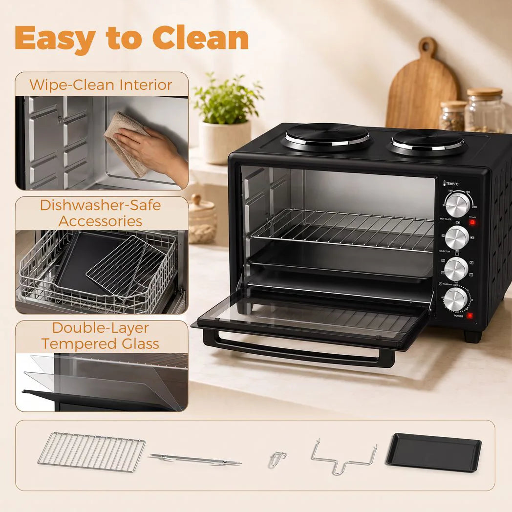 HOMCOM 46L Mini Oven with Dual Hot Plates and Convection – Electric Countertop Cooker with Rotisserie, 90–230°C