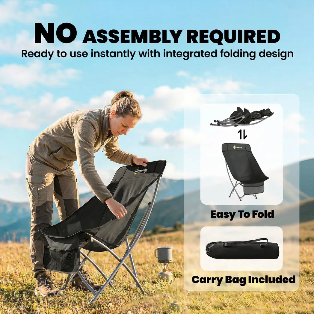 Outsunny Folding Moon Chair with Side Pocket & Carry Bag – Heavy Duty 120kg Camping Chair for Adults, Black
