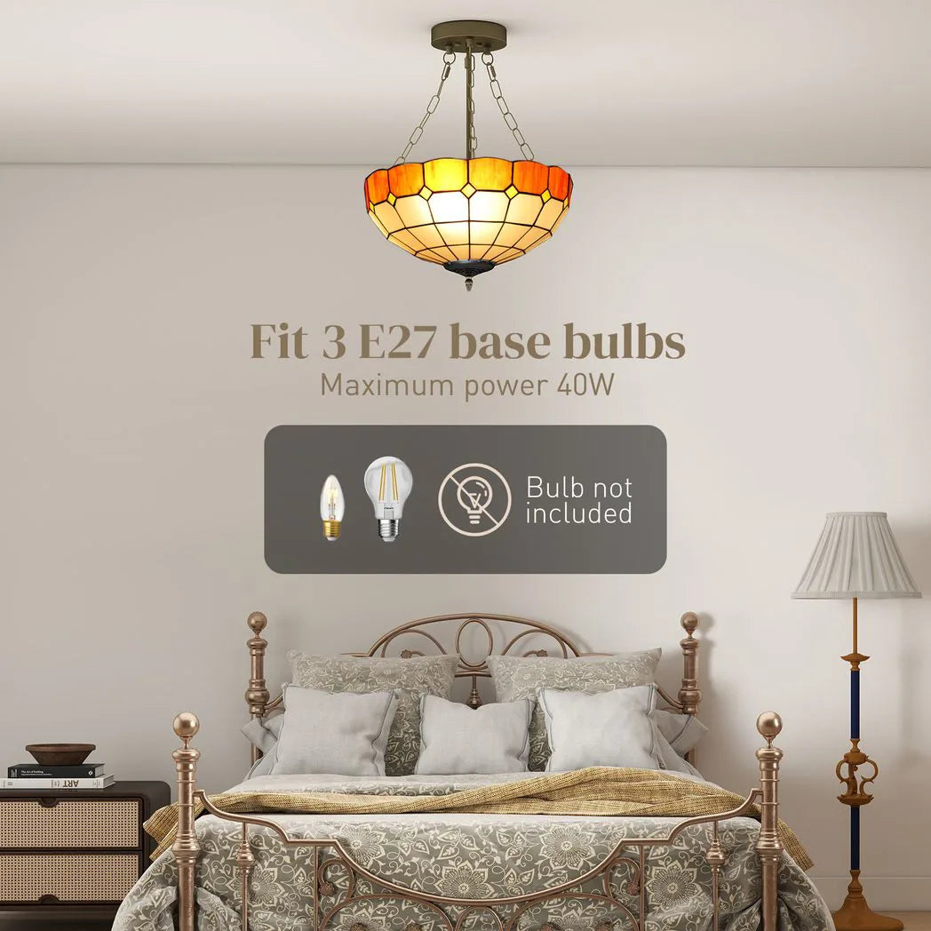 HOMCOM Tiffany Style Ceiling Light with 3 E27 Sockets – Vintage Stained Glass Semi Flush Chandelier
