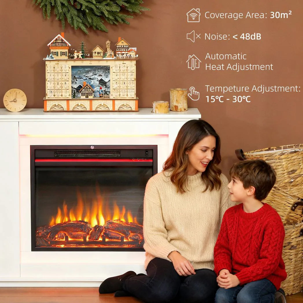 HOMCOM 2000W Electric Fireplace with Faux Flame, 23-Hour Timer, Thermostat and Remote – White