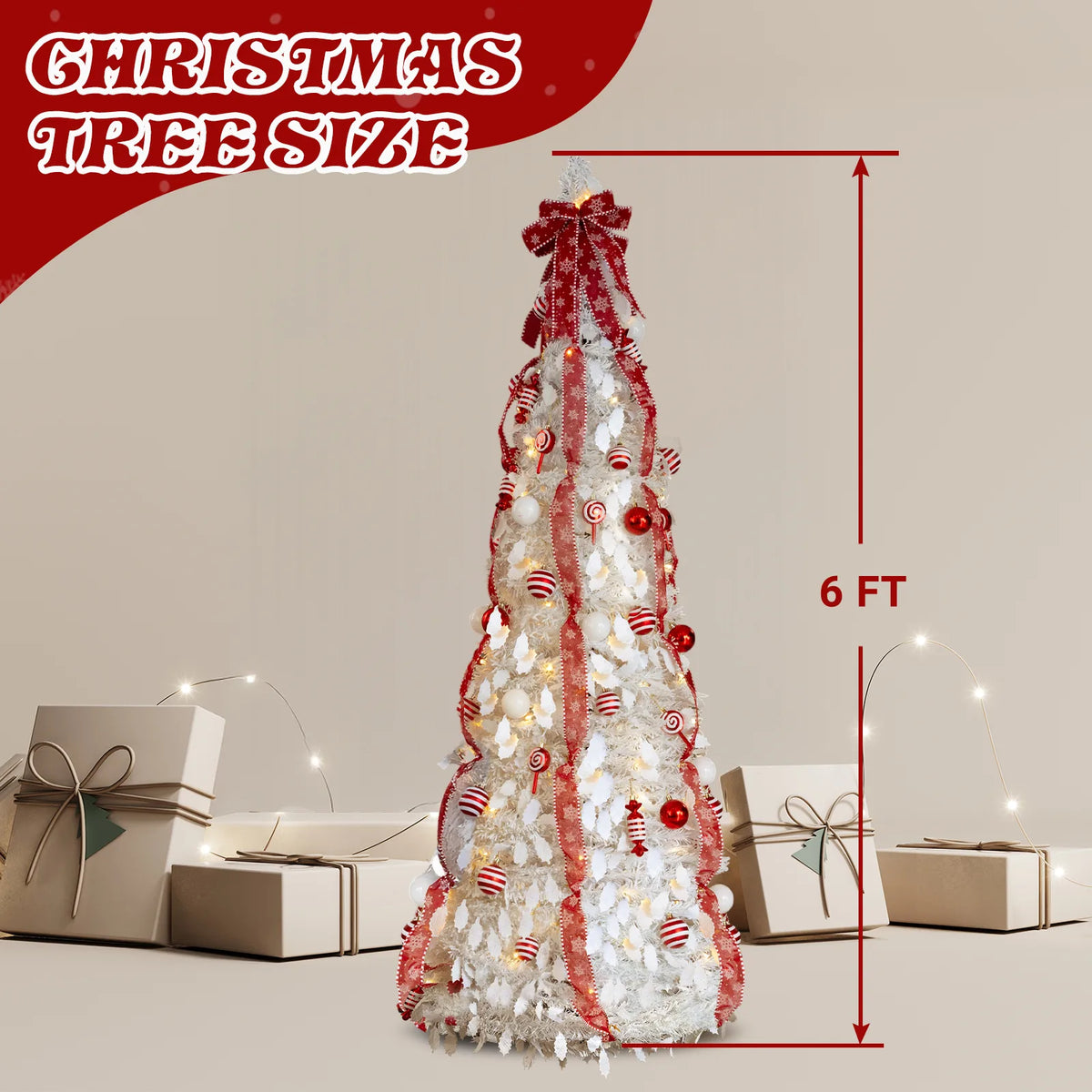 6ft White Pop-Up Pre-Lit Christmas Tree, Fully Decorated with 100 Warm White LEDs & Red Ornaments