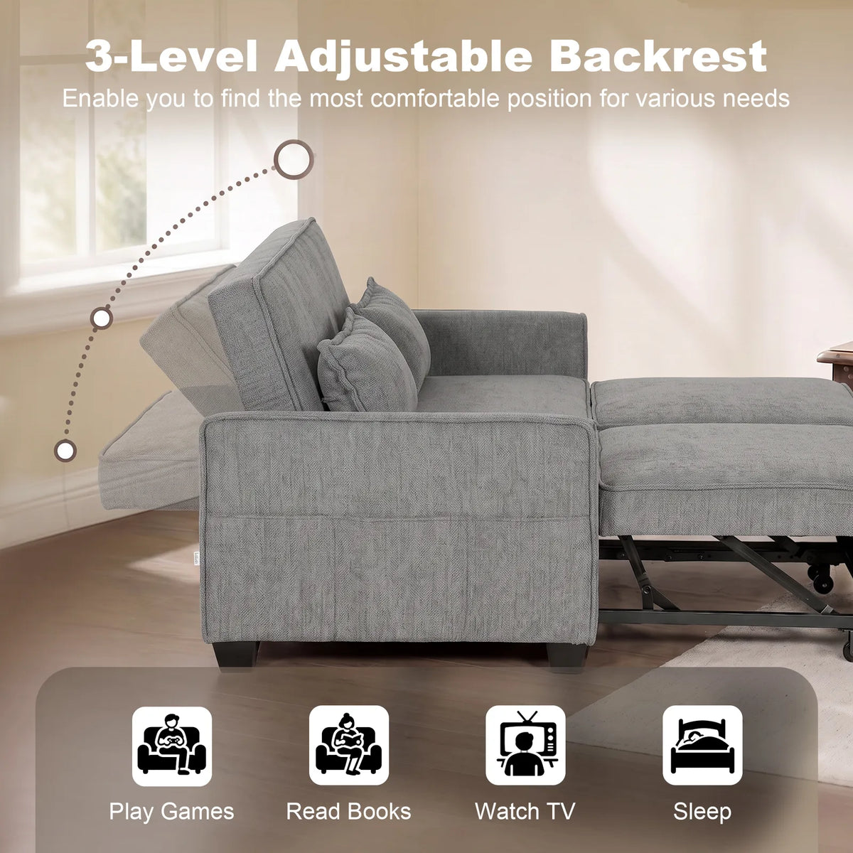 HOMCOM 2 Seater 4-in-1 Convertible Sofa Bed with Dual Pull-Out Beds and Side Pockets – Chenille, Grey