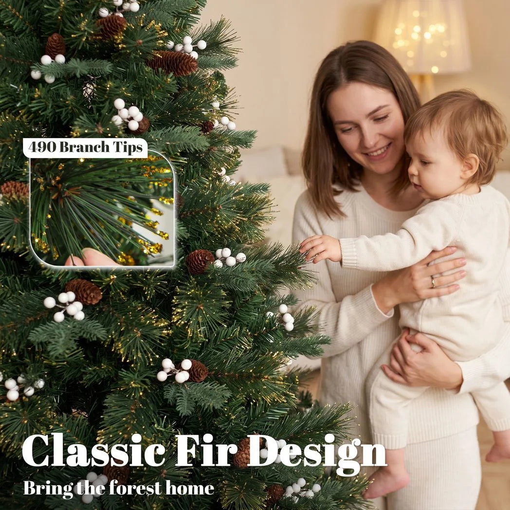 HOMCOM 5ft Pre-Decorated Artificial Christmas Tree – Hinged Fir with 490 Branch Tips, Berries and Foldable Metal Stand, Green