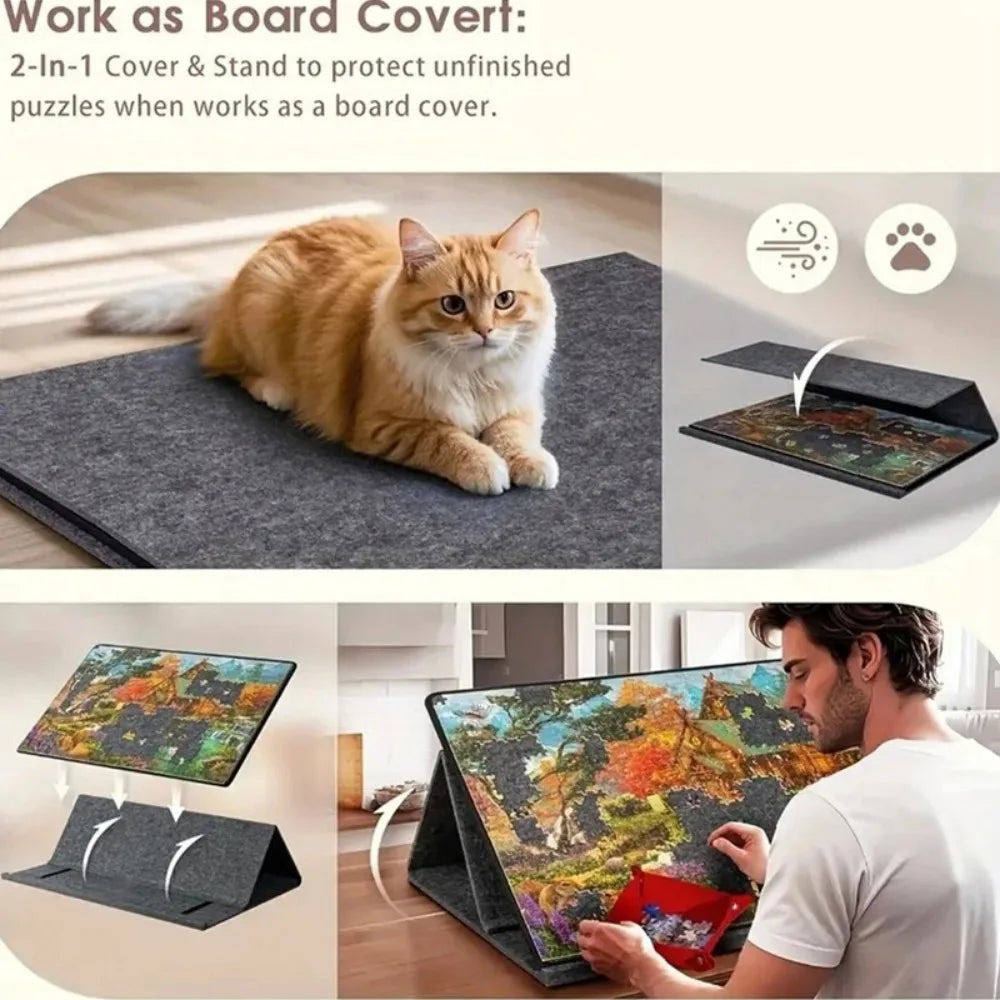 Portable Felt Jigsaw Puzzle Board for 1000 Pieces with 6 Sorting Trays and Cover – Puzzle Table, Grey