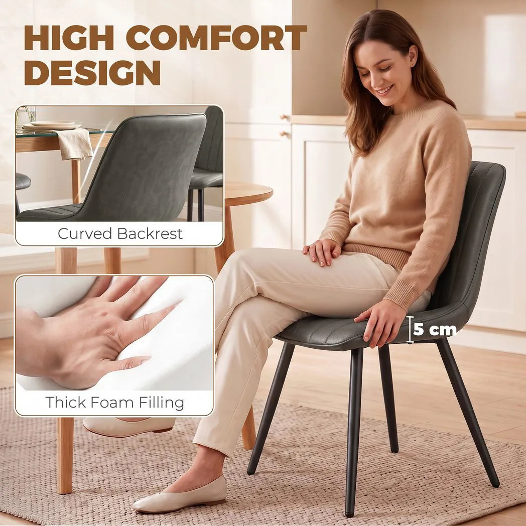 HOMCOM Faux Leather Dining Chairs Set of 2 with Metal Legs and Curved Back – Upholstered Kitchen Chairs, Grey