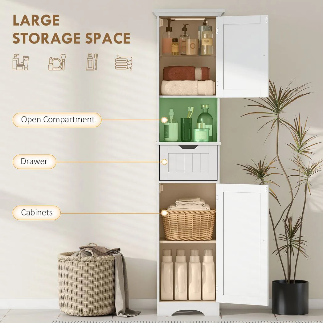 HOMCOM Slim Tall Bathroom Storage Cabinet with Motion Sensor LED Lights, Drawer & Adjustable Shelf – White