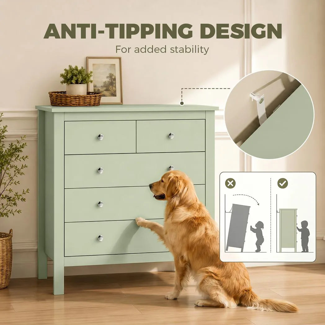 HOMCOM 5 Drawer Chest of Drawers with Glide Runners – Modern Bedroom and Hallway Storage Unit, Sage Green
