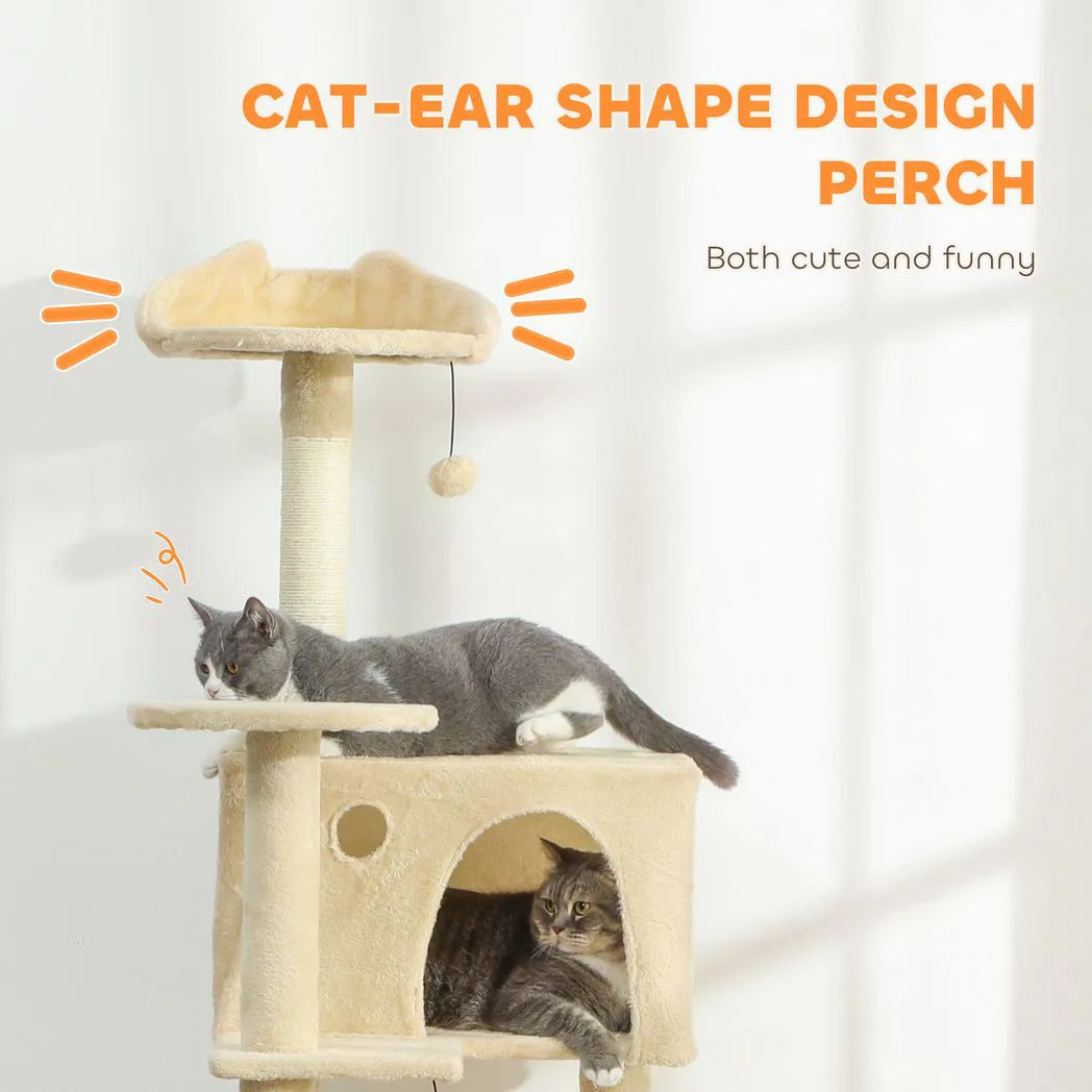 PawHut 180cm Large Cat Tree with Sisal Scratching Posts, Condos, Plush Perches, Hammock and Ladder, Beige
