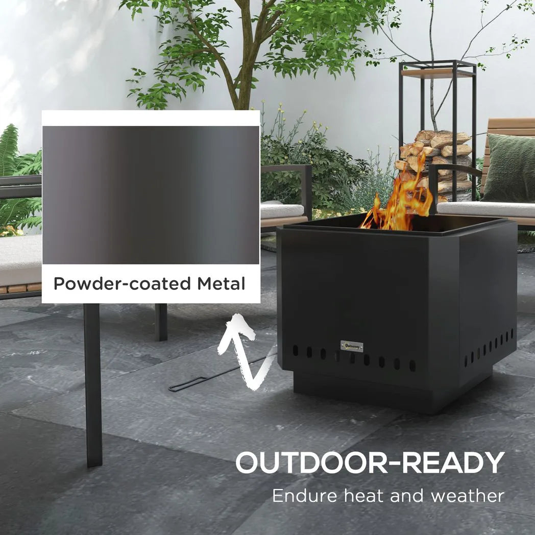 Outsunny 48cm Smokeless Wood Burning Fire Pit with Poker – Portable Square Metal Bonfire Stove, Black