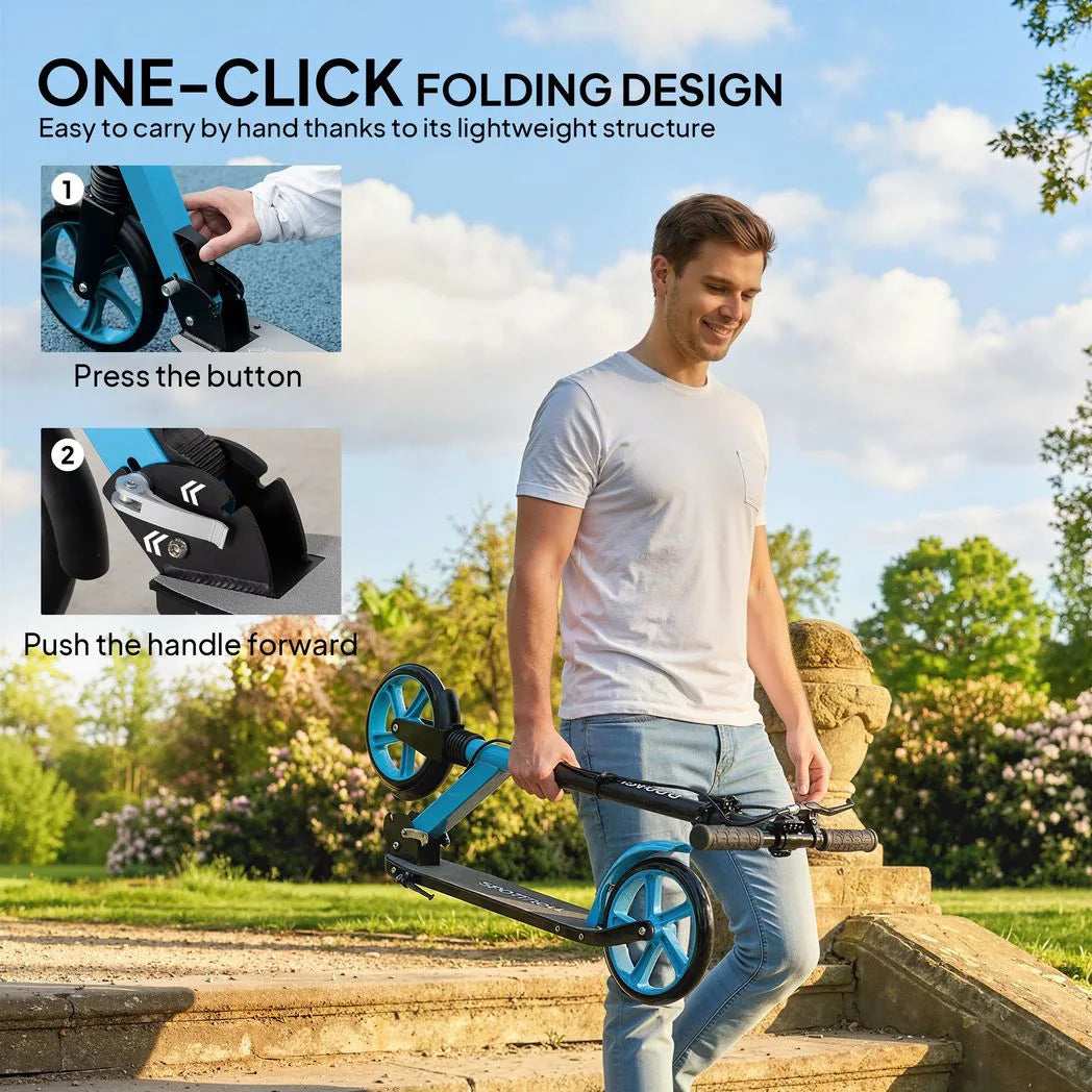 HOMCOM One-Click Folding Kick Scooter with Adjustable Handlebar, Dual Brakes & Kickstand – Push Scooter, Blue