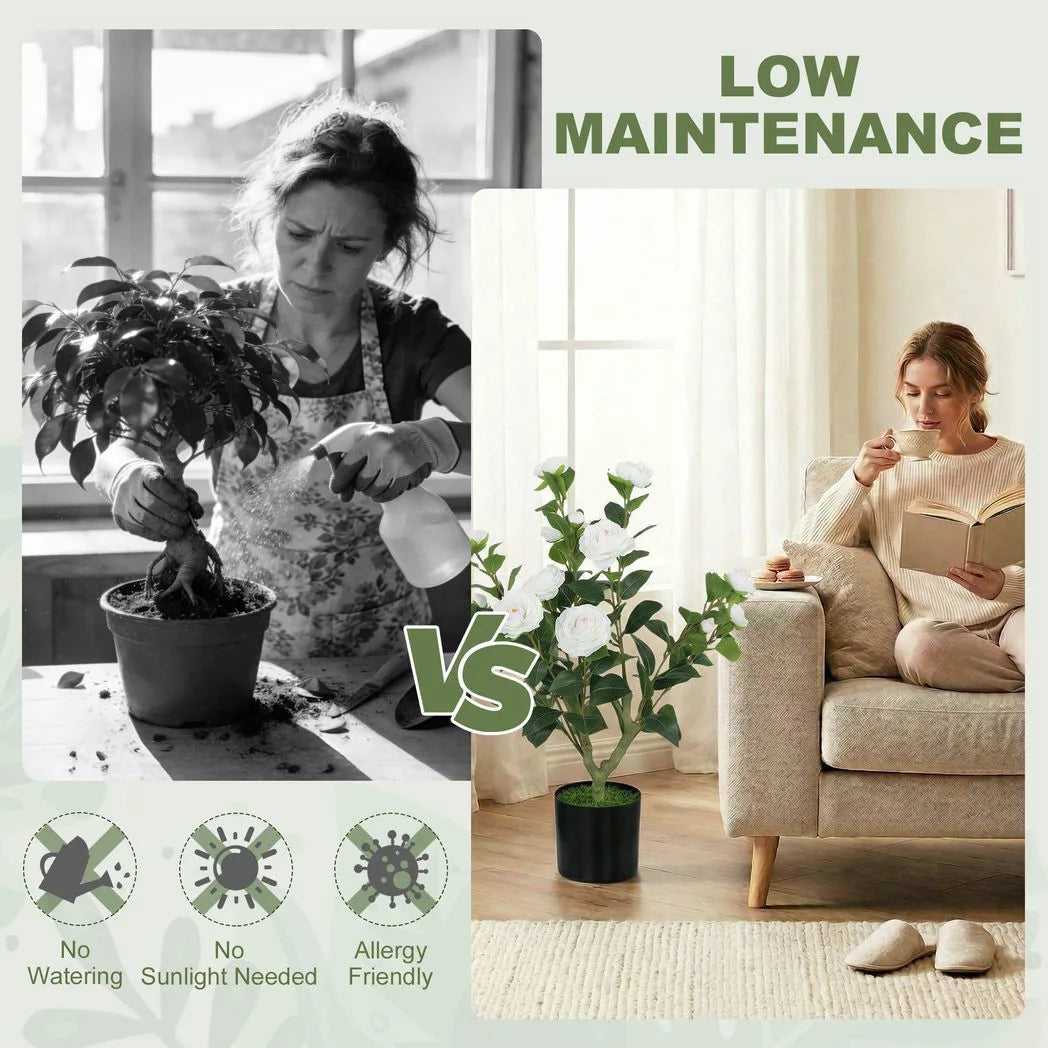 HOMCOM 65cm Artificial Camellia Flower Plant in Pot with 116 Lush Leaves & Moss Effect, White