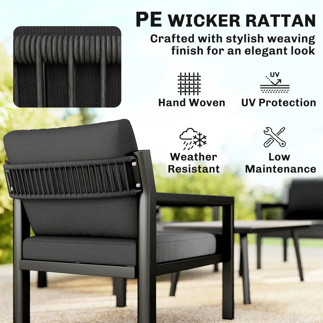 Outsunny 4 Seater Rattan Garden Set with 2 Armchairs, Loveseat, Coffee Table and Cushions – Dark Grey
