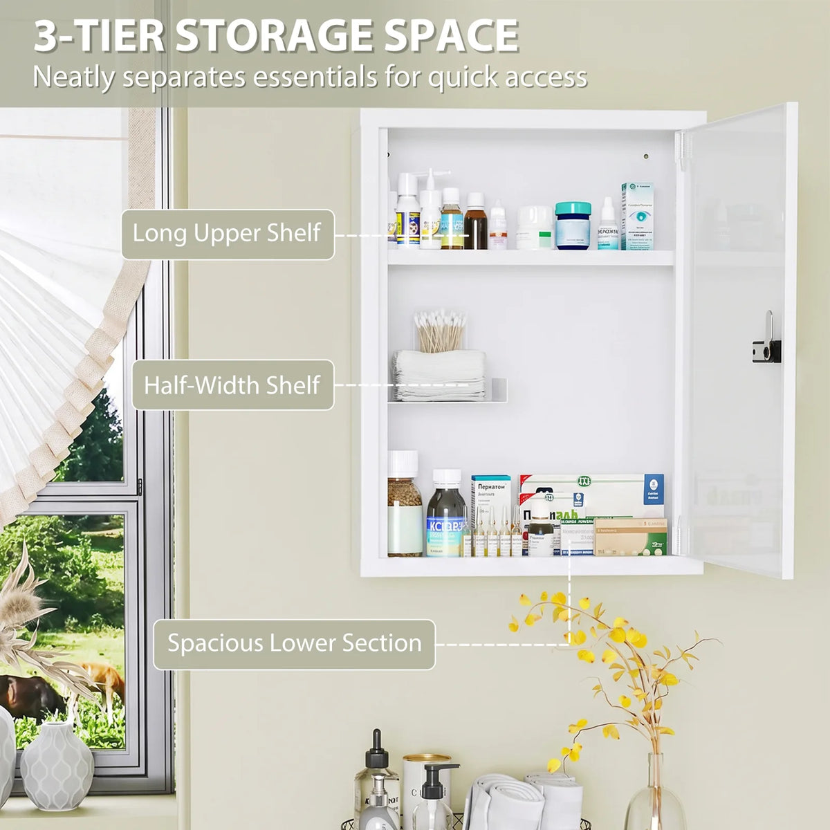 HOMCOM Wall Mount Medicine Cabinet with Combination Lock, Door and Storage Shelves – Bathroom Storage, White