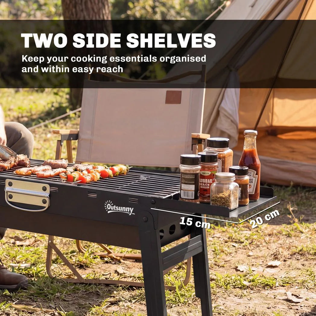 Outsunny Portable Folding Charcoal BBQ Grill with 2 Side Shelves and Handle – Camping and Picnic Barbecue, Black