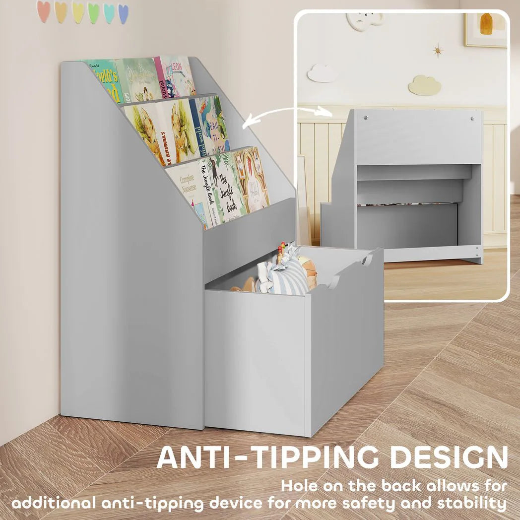AIYAPLAY Kids Bookcase with 3 Shelves & Wheeled Drawer, Anti-Tip Device – Toy Storage for Playroom, Grey