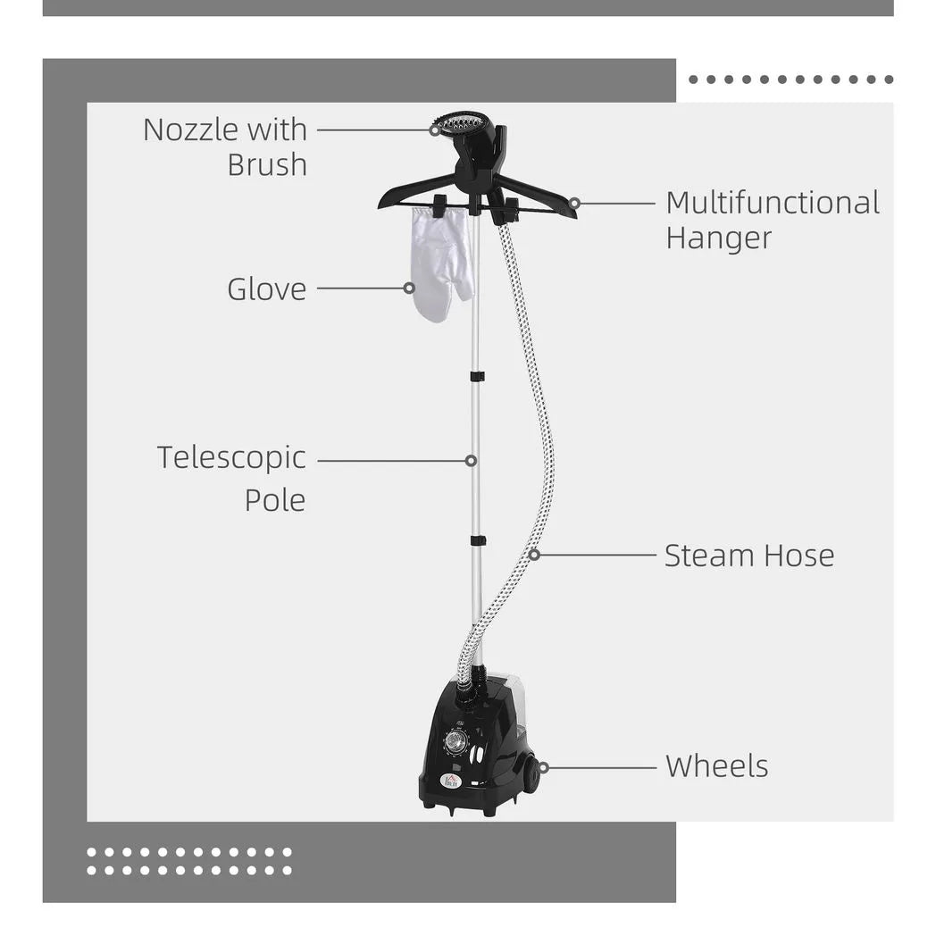 HOMCOM Clothes Steamer with Adjustable Pole, 11 Steam Levels and 1.4L Water Tank – 1950W Garment Steamer, Black