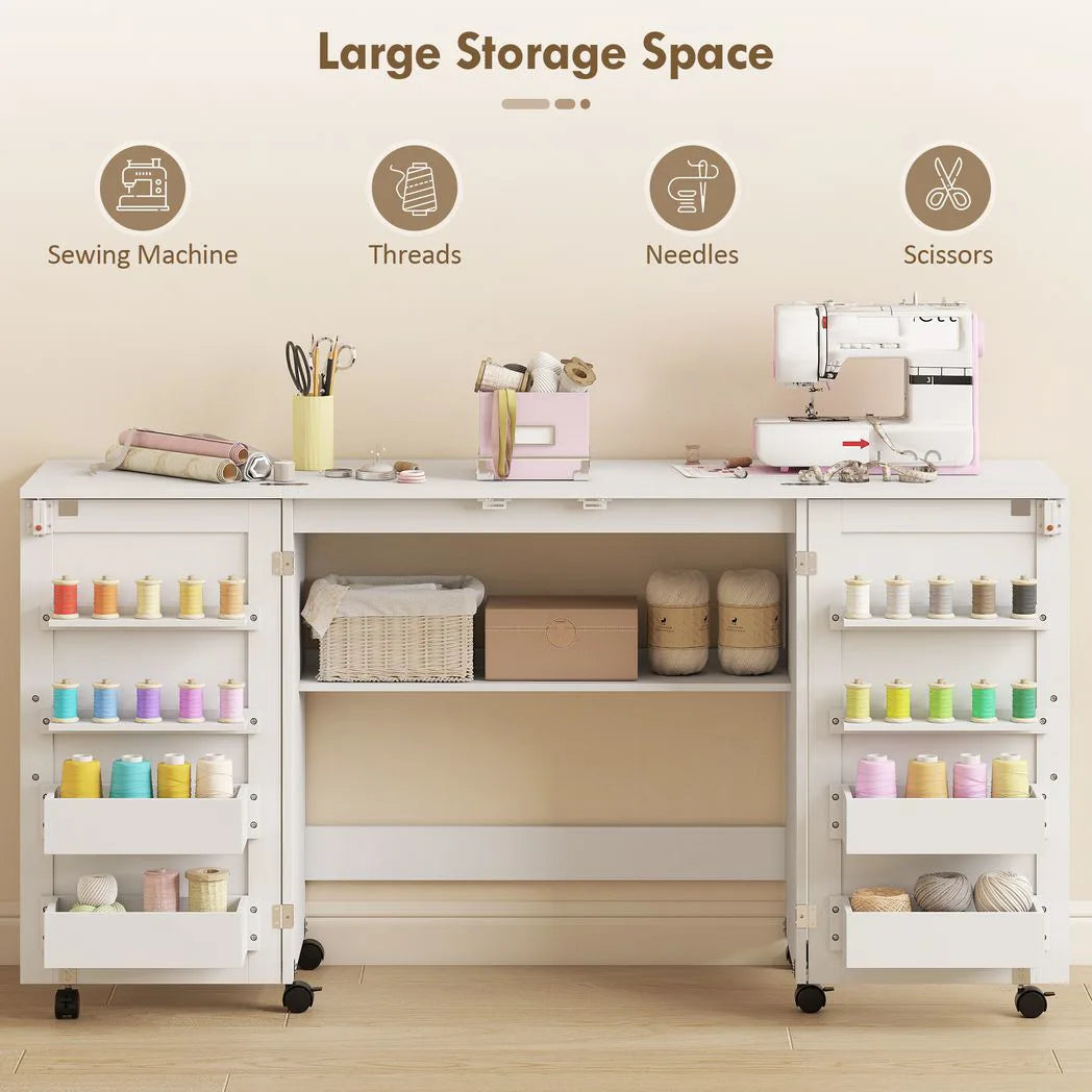 HOMCOM Folding Sewing Table with 2 Magnetic Doors and Lockable Wheels – Craft Cabinet, White