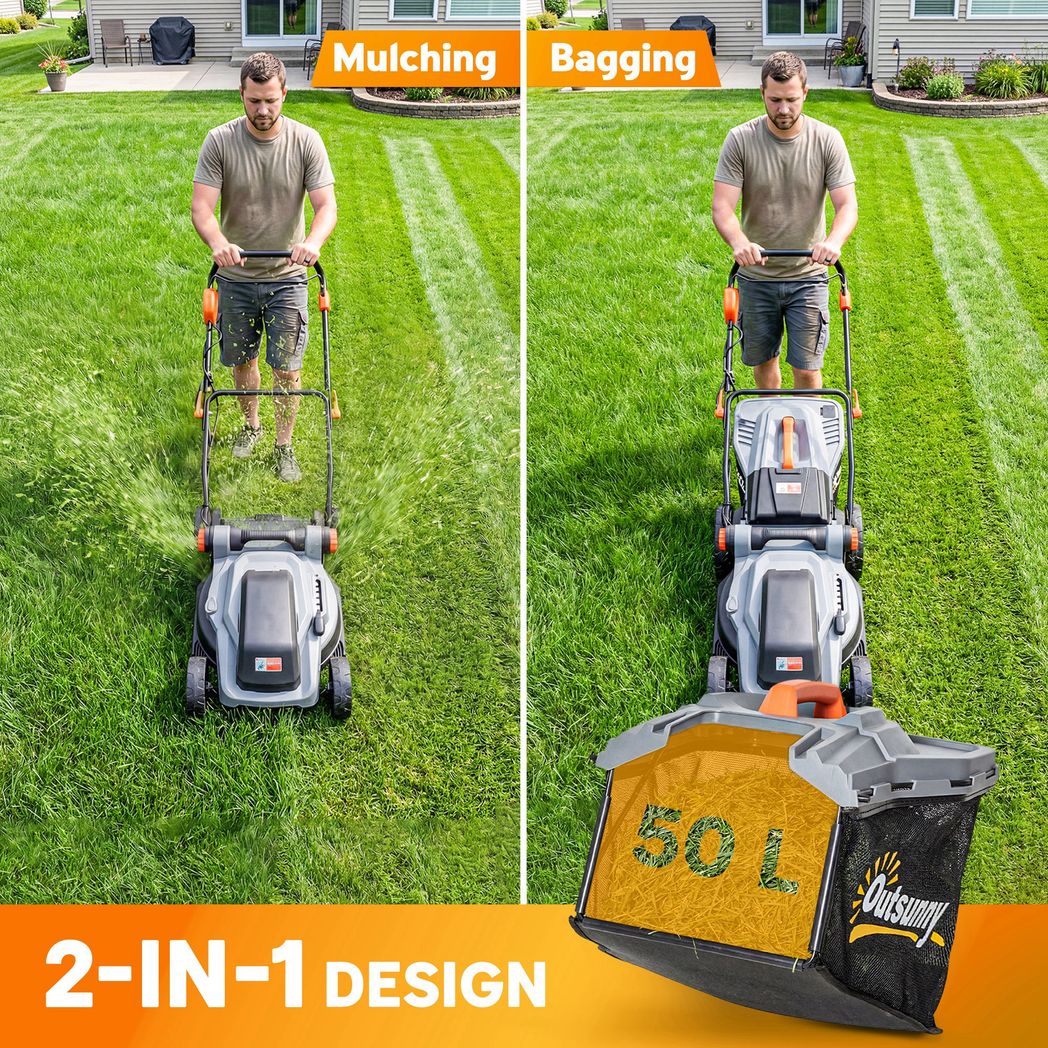 Outsunny 1800W Electric Lawnmower with 40cm Cutting Width, Mulching Function & 50L Grass Bag – 6 Cutting Heights