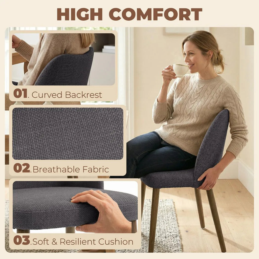 HOMCOM Set of 2 Linen Dining Chairs with Curved Backrest & Rubberwood Legs – Padded Kitchen Chairs, Dark Grey