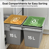 HOMCOM Under Sink Pull Out Bin with 2 x 15L Removable Compartments – Soft-Close Waste Bin, Light Grey