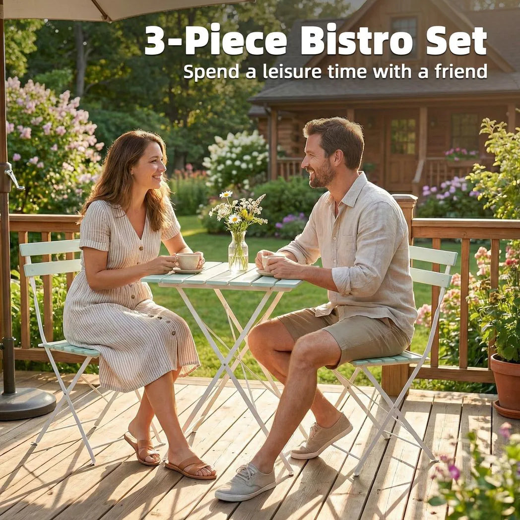 Outsunny 3-Piece Folding Bistro Set, 2 Chairs & Table – Metal and Acacia Wood Patio Furniture, White/Green
