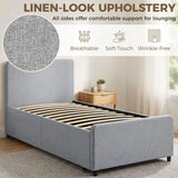 HOMCOM 3ft Single Upholstered Trundle Bed Frame with Headboard and Footboard – Pull-Out Guest Bed, Light Grey