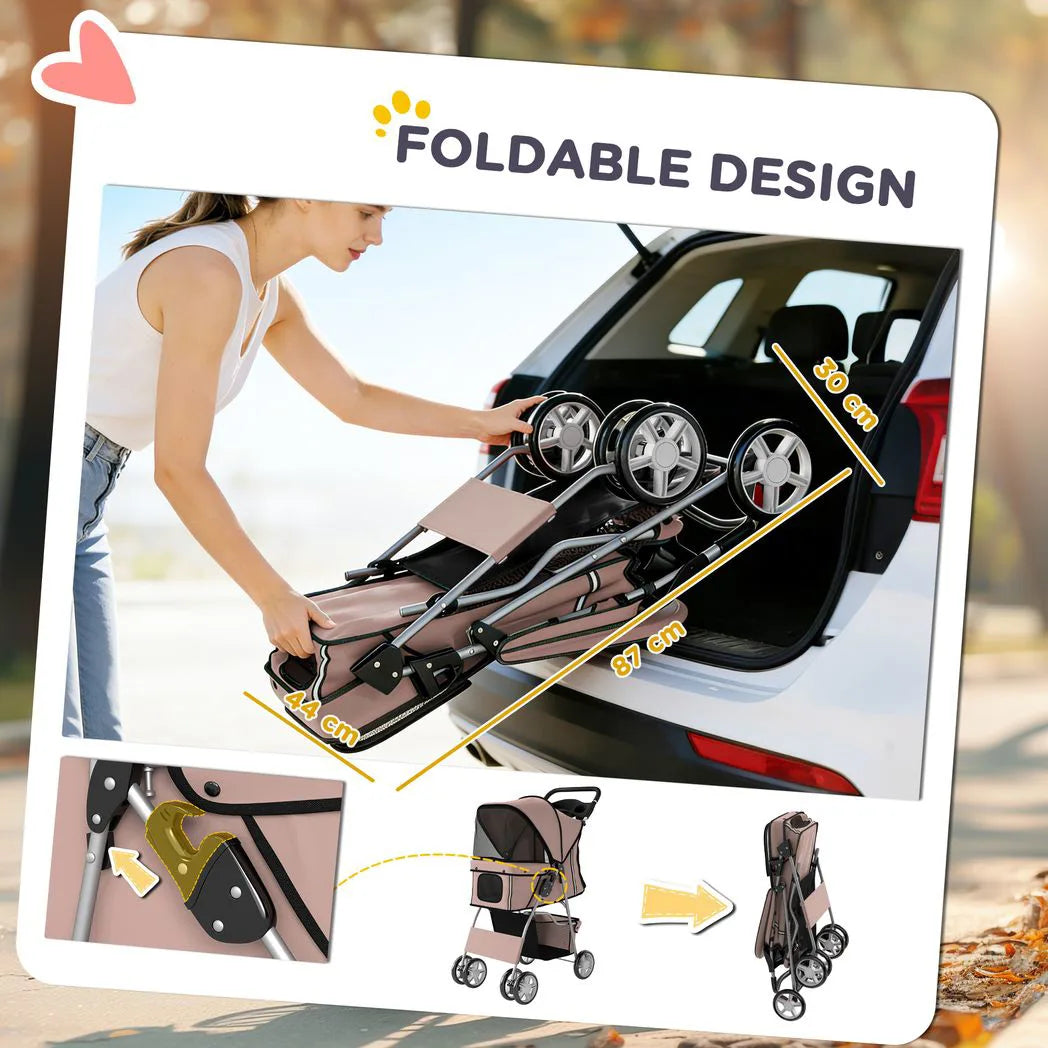 PawHut Foldable Dog Pram with Reflective Strips, 360° Swivel Wheels and Dual Brakes – Pet Stroller, Brown