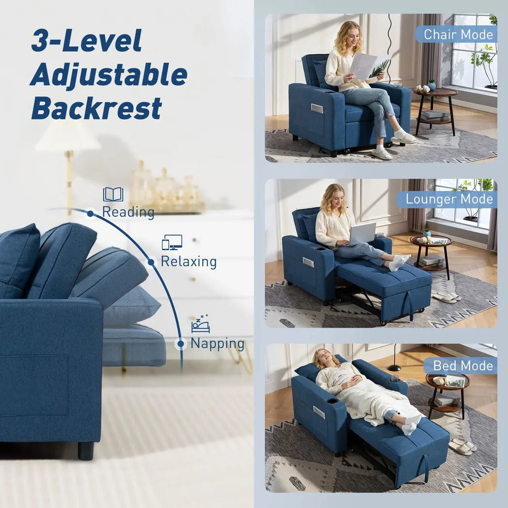 HOMCOM 3-in-1 Single Sofa Bed with Pull-Out Design, Cup Holders & Side Pockets – Convertible Chair Bed, Dark Blue
