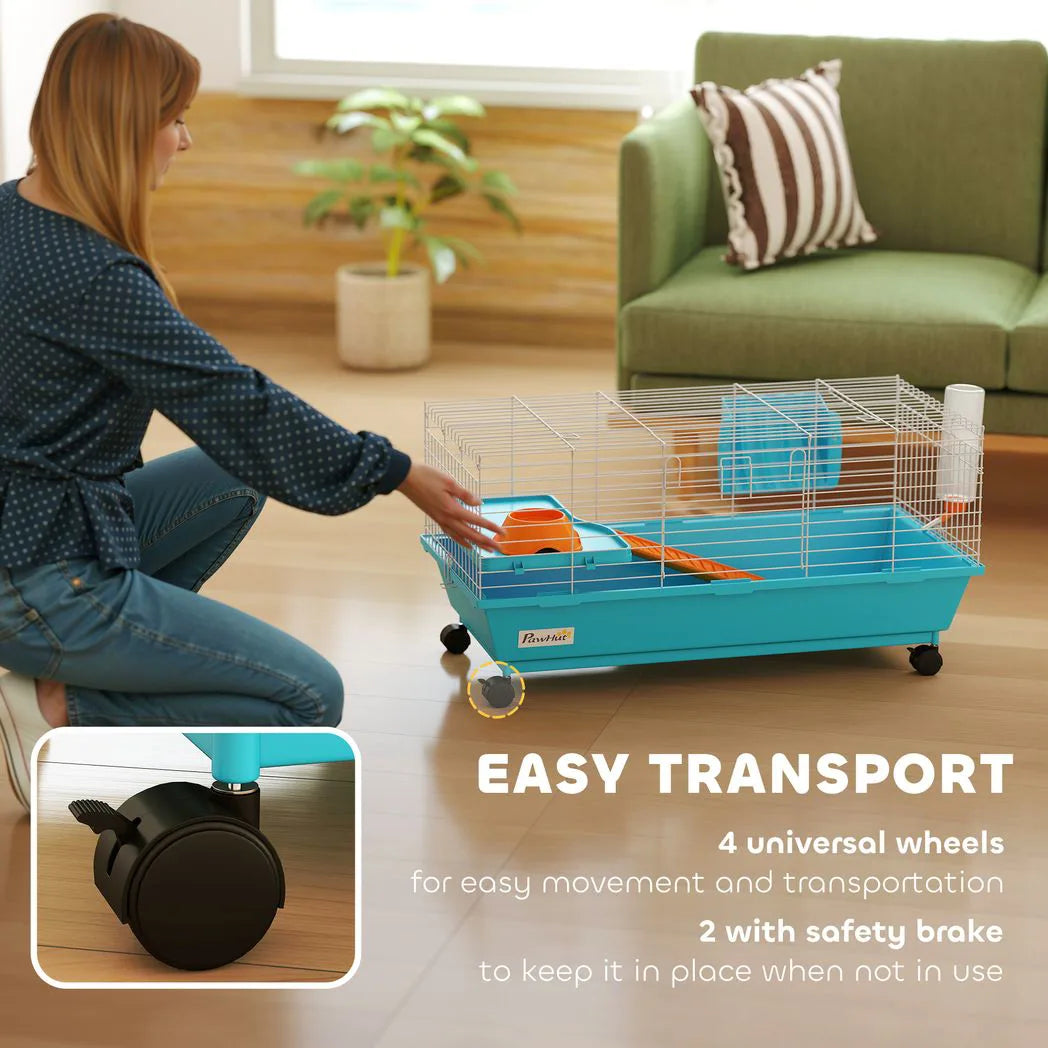 PawHut Small Animal Cage on Wheels with Water Bottle and Ramp – Rabbit and Guinea Pig Hutch, 89cm