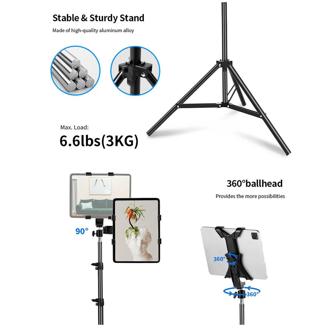 2m Adjustable Tablet & Phone Floor Tripod Stand with Ball Head and Clips – Foldable Stand for Devices 4–10.6"