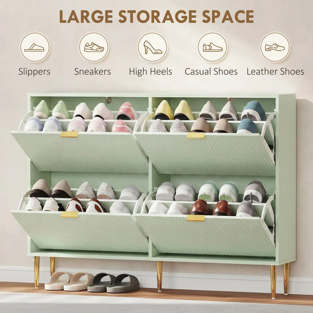 HOMCOM Slim 4-Drawer Shoe Cabinet with Ridged Doors and Gold Accents – Holds 10–20 Pairs, Light Green