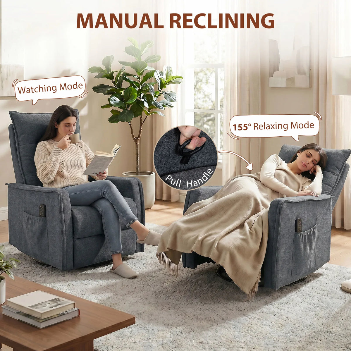 HOMCOM Chenille Recliner Armchair with Massage and Heat, 360° Swivel and Rocking – Manual Recliner, Dark Grey