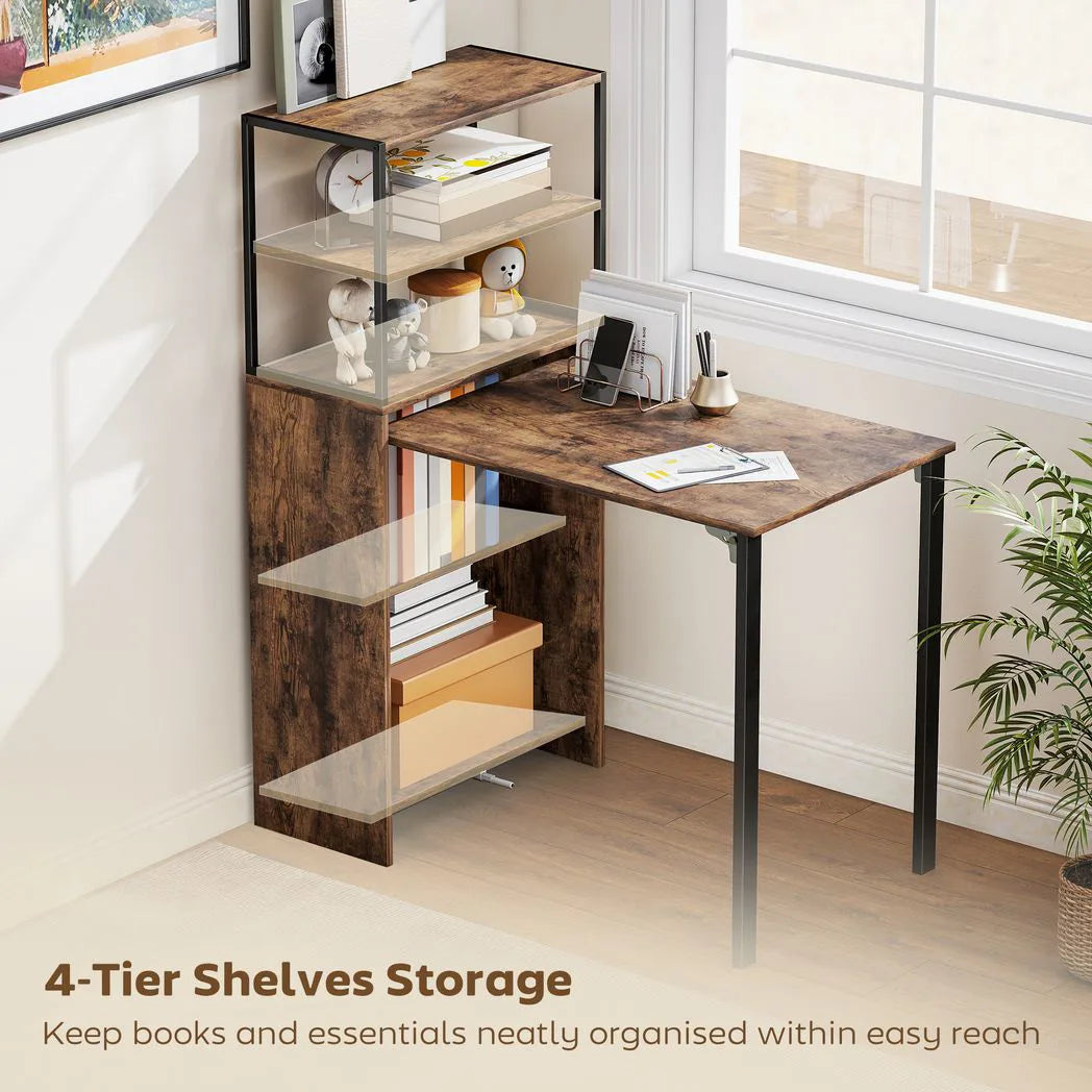 HOMCOM Folding Shelf and Work Table with 4-Tier Shelving and Steel Frame – Space-Saving Home Office Desk
