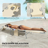 Outsunny Set of 2 Folding Sun Loungers with 5-Position Backrest, Face Hole and Side Pocket, Beige