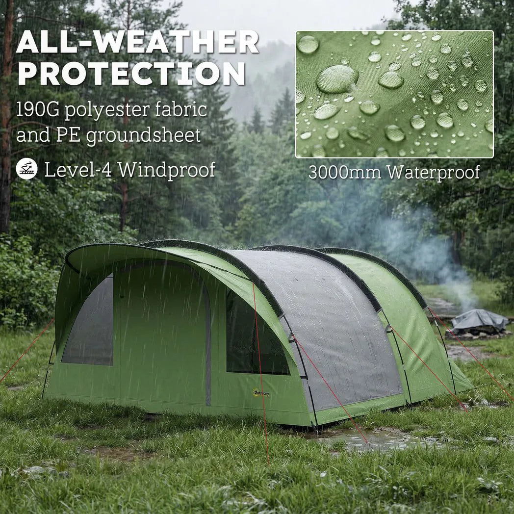 Outsunny 4 Person Family Camping Tent with 2 Rooms & Sewn-In Groundsheet – Waterproof Tunnel Tent, Green & Grey