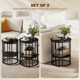 HOMCOM Set of 2 Round Marble-Effect Coffee Tables with Black Steel Legs and Bottom Shelf – Two-Tier