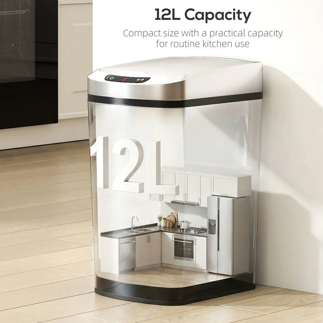 HOMCOM 12L Automatic Sensor Bin with Fingerprint-Resistant Stainless Steel – Touchless Kitchen Bin, Silver