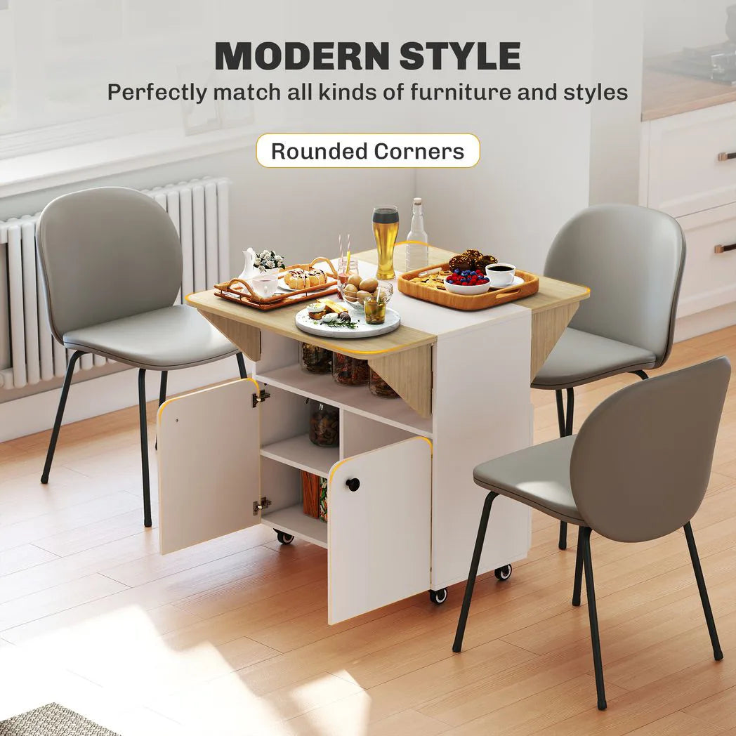 HOMCOM Folding Dining Table with Hidden Shelf & Cabinet, Rolling Drop Leaf – Space-Saving, White