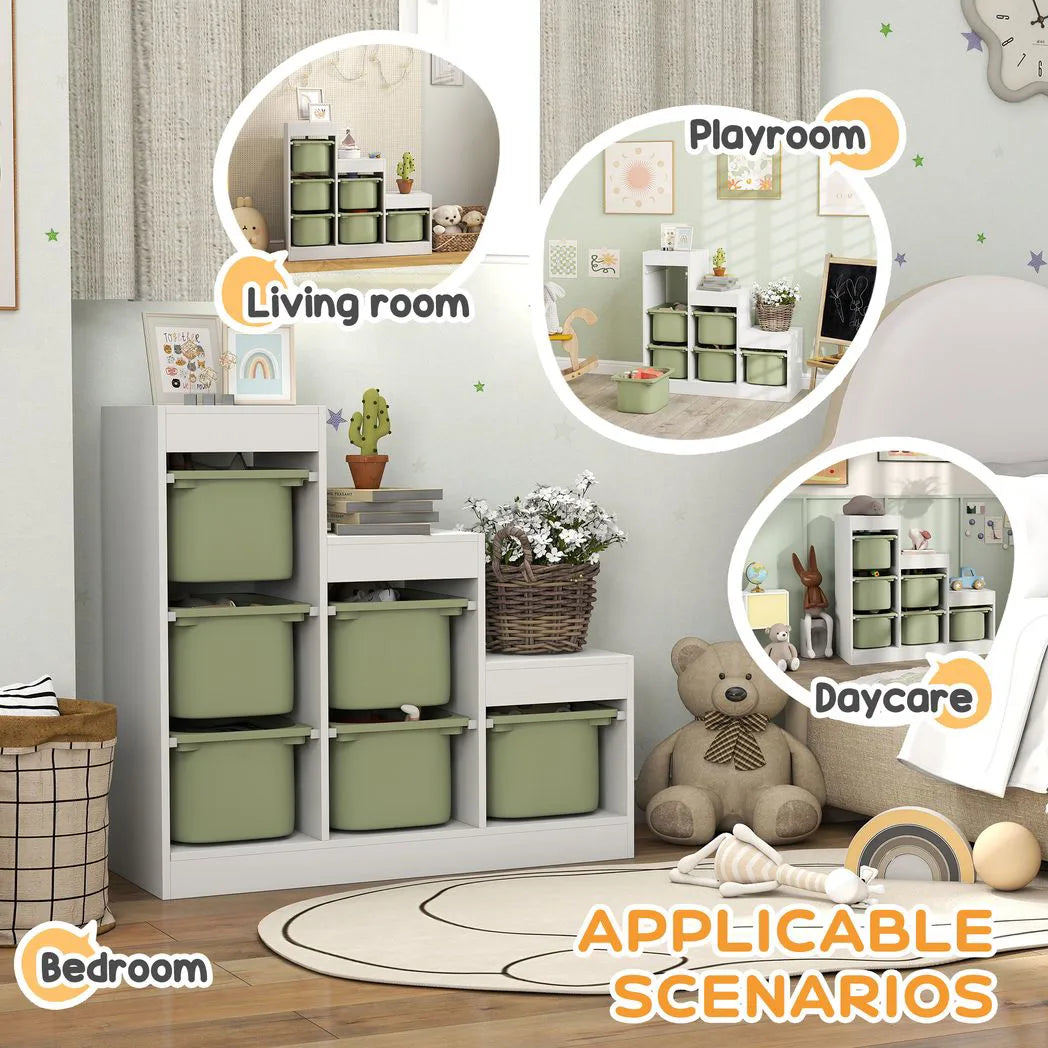 AIYAPLAY 3-Tier Kids Toy Storage Organiser with 6 Removable Bins – Green, Ages 3-8