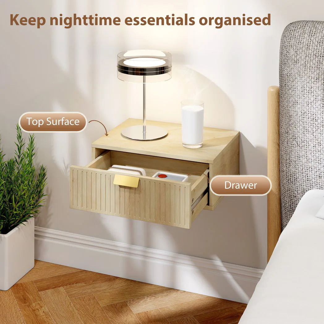 HOMCOM Floating Nightstands Set of 2 with Wave Drawers – Wall-Mounted Bedside Tables, Oak