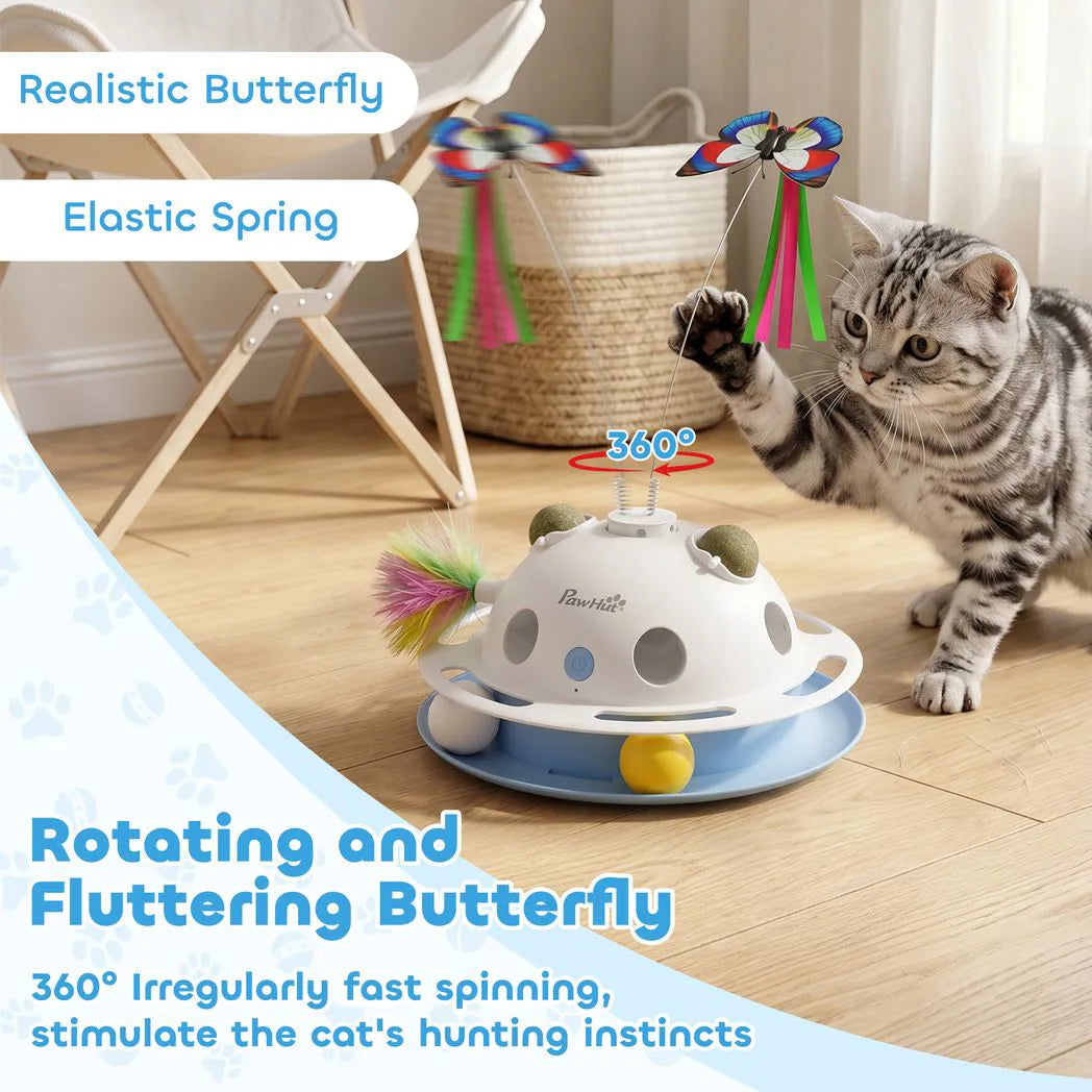 PawHut 4-in-1 Interactive Cat Toy with Spinning Butterfly, Shooting Feathers and Catnip Balls