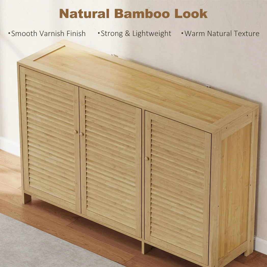 HOMCOM Bamboo Shoe Cabinet with Louvred Doors and Adjustable Shelves – Holds 18 Pairs, Natural