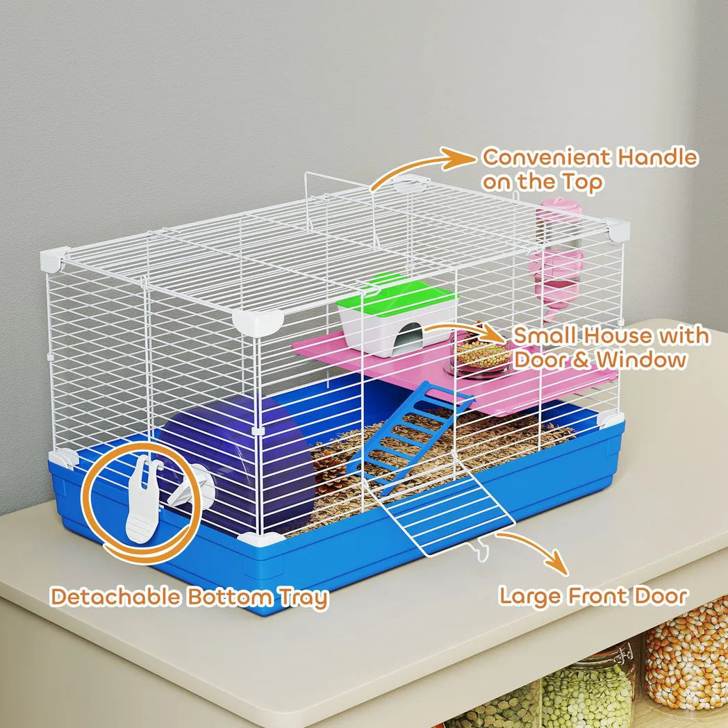 PawHut 2-Tier Portable Hamster Cage Starter Kit with Handle, Exercise Wheel, Water Bottle & Dishes – Blue