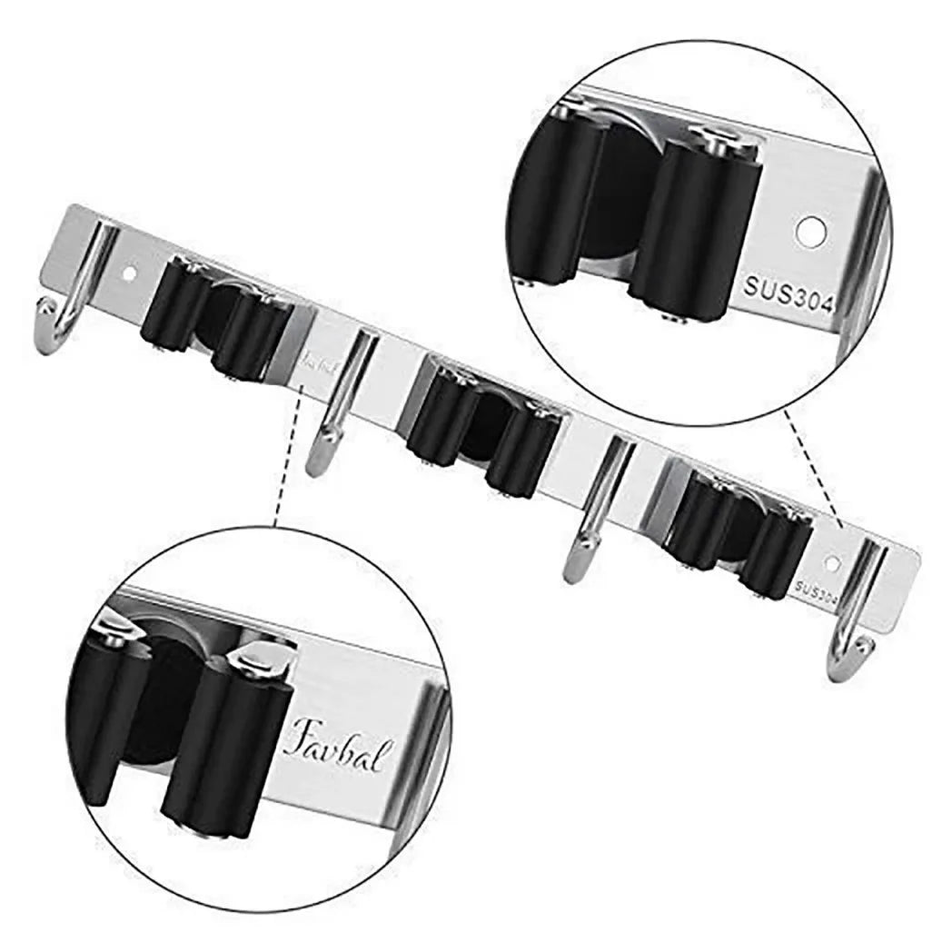 Wall-Mounted Broom & Mop Holder with 3 Slots and 4 Hooks – Stainless Steel Garage Tool Organiser, Silver