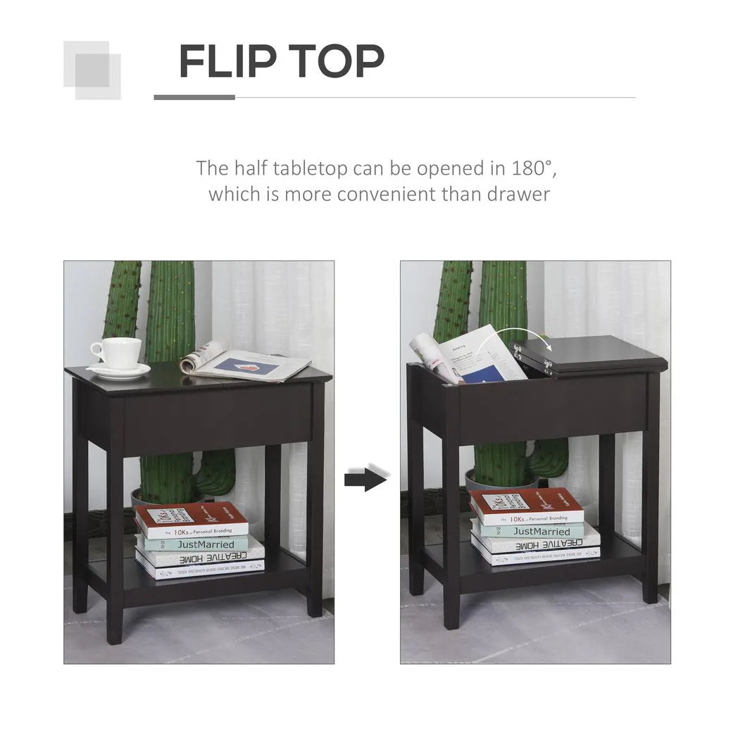 HOMCOM Narrow End Table with Flip Top and Bottom Shelf – Retro Side Table for Living Room and Study, Dark Coffee