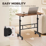 HOMCOM Overbed Table with 6 Adjustable Heights & Lockable Wheels – 80 x 40 cm Sofa Side Table, Rustic Brown