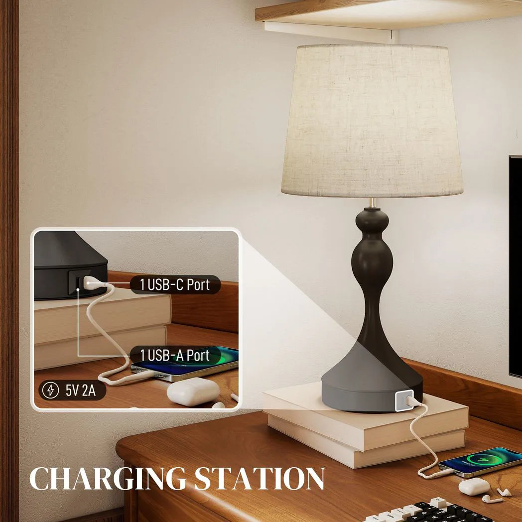 HOMCOM Set of 2 Bedside Table Lamps with USB-A and USB-C Ports – 3-Colour LED, Black and Beige